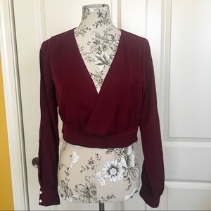 Burgundy Cropped Long Sleeve Surplice Top